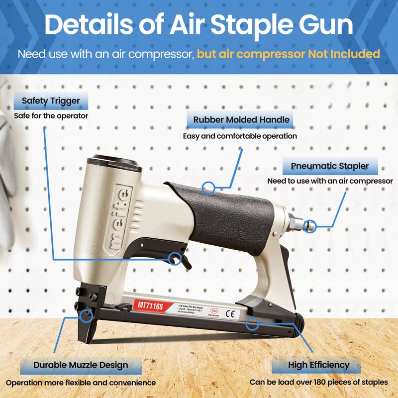 meite MT7116S Pneumatic Upholstery Stapler 22 Gauge 71 Series 3/8" Crown Industrial Fine Wire Stapler with Safety - Image 5
